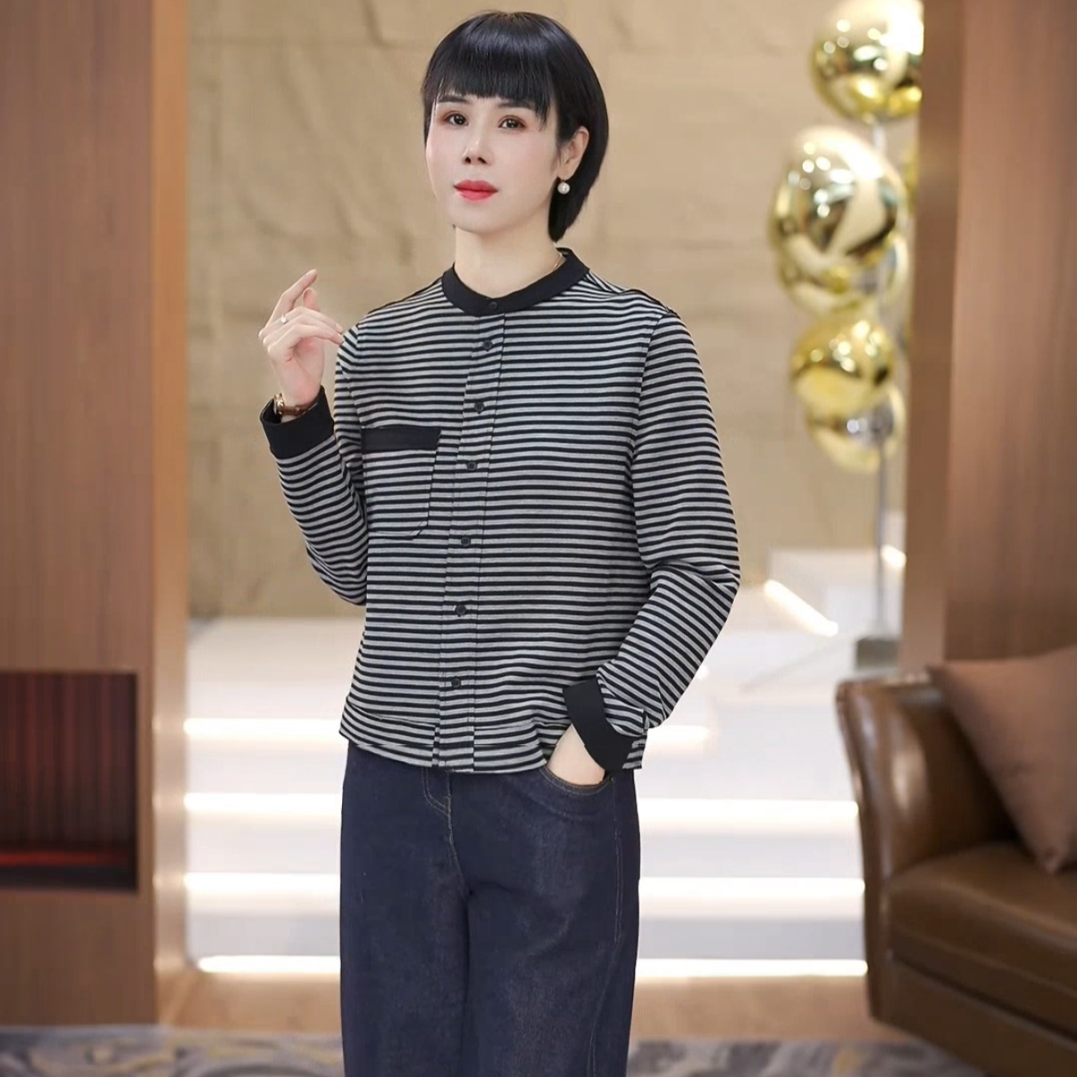 【渲渲推荐】ZY-F5295秋季百搭显瘦减龄口袋条纹衬衣