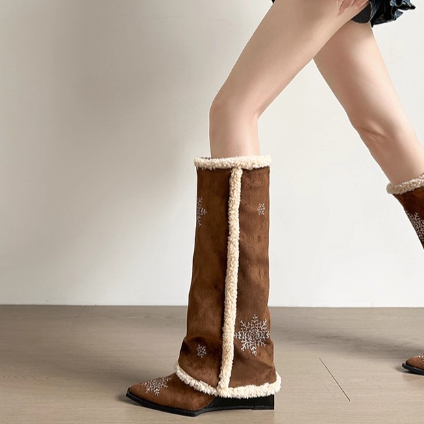 羊羔毛雪地靴女2025新款冬季百搭加绒保暖长筒靴坡跟裤管靴子