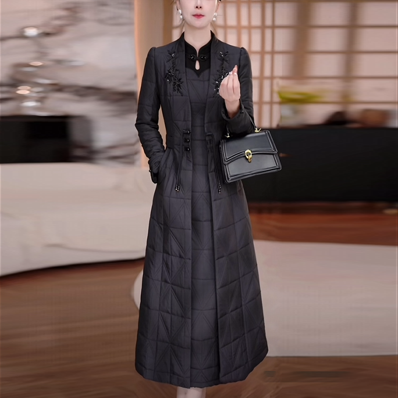 蓄热棉气质轻奢新中式女装2025秋冬季新款时尚洋气风衣连衣裙套装