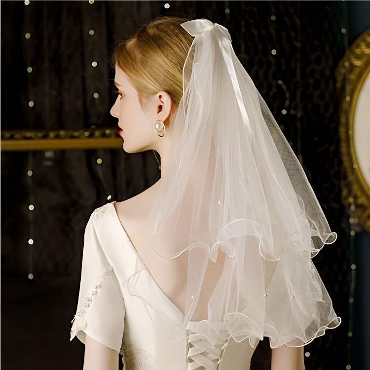 公主风卷边头纱蝴蝶结仙女风半透头纱轻奢新娘仙气白色婚礼蓬蓬纱