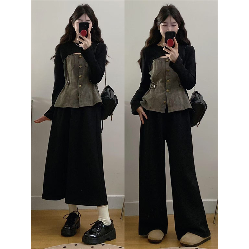 大码女装胖mm春季新款设计感收腰牛仔+半裙裤子套装