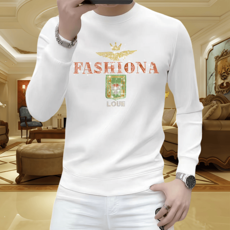 秋冬季男士长袖上衣时尚休闲潮流圆领修身套头卫衣新款烫钻打底衫