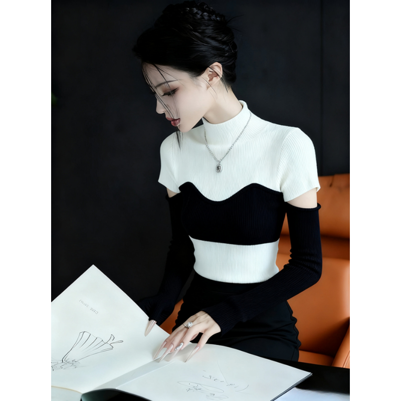 早秋巨好看轻熟上衣设计感巨好看独特漂亮气质高端黑白撞色针织衫