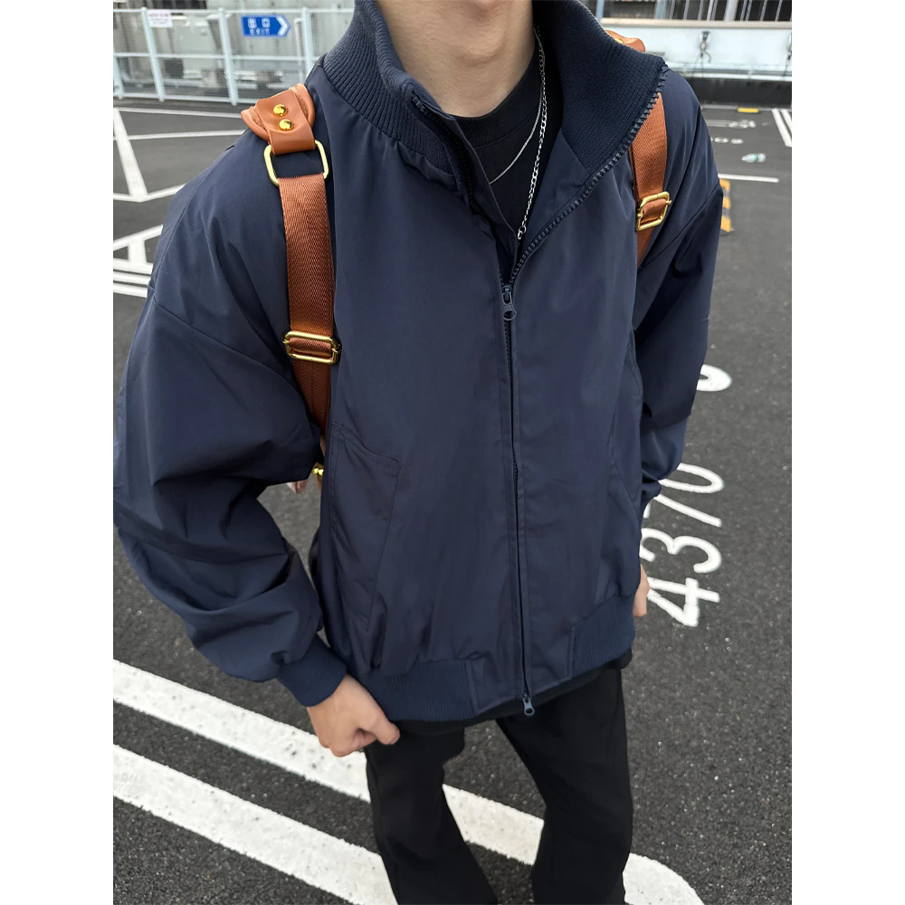 藏青色短款飞行员夹克男款秋季立领美式复古bomber廓形工装外套