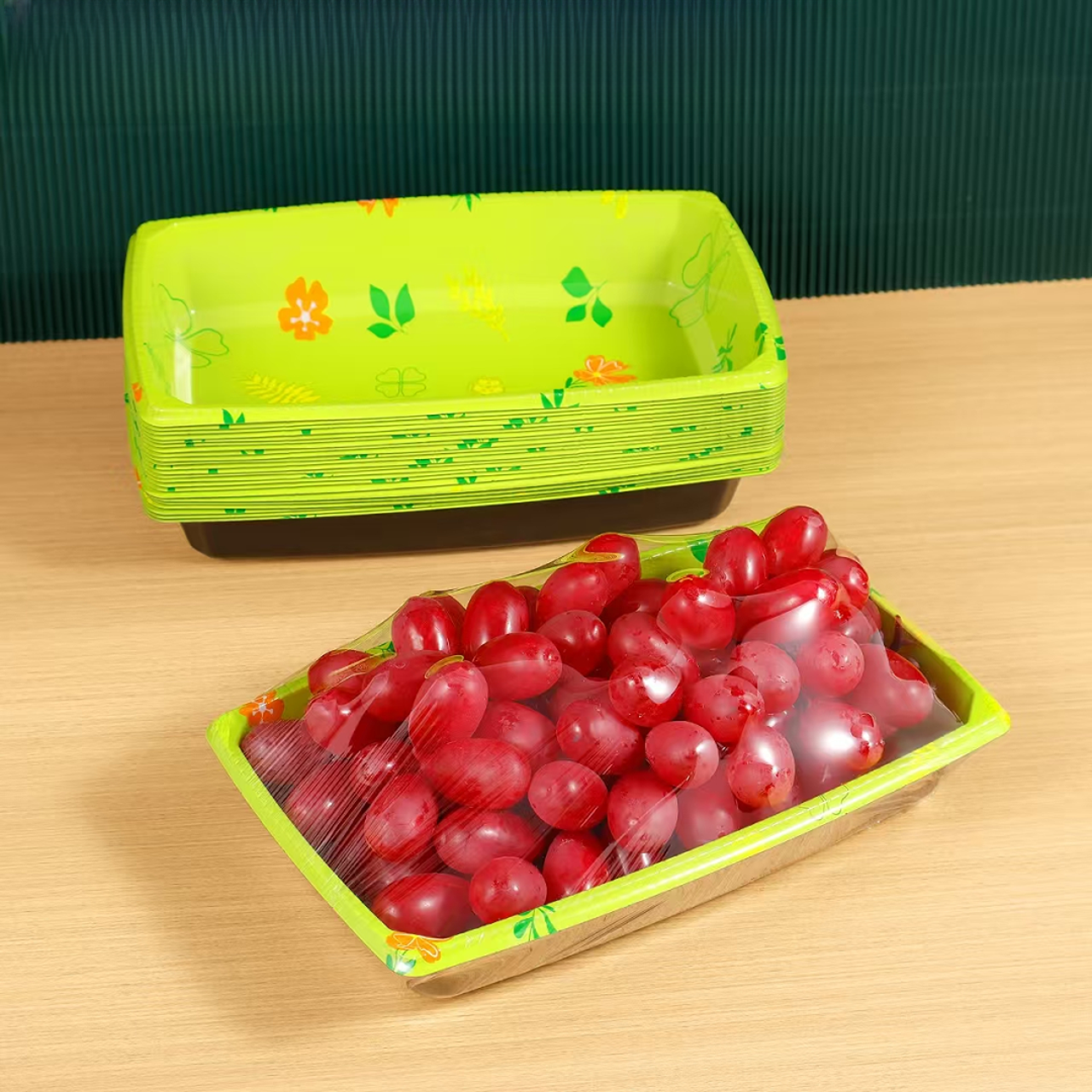 创意小绿叶黑底托盘生鲜水果打包盒草莓青枣葡萄陈列无盖塑料托盘