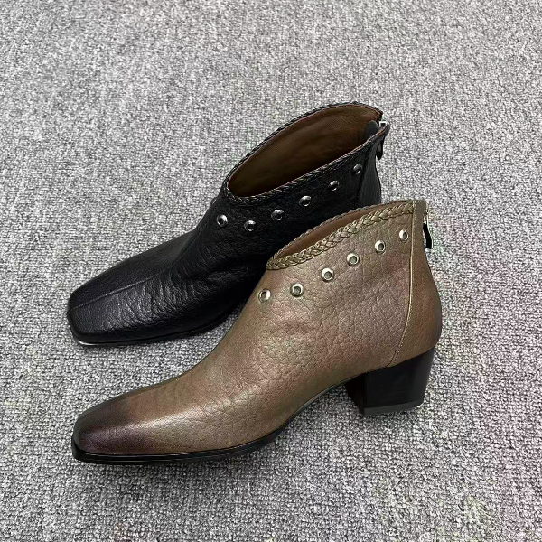 丽尔手工]3公分粗跟方头真皮百搭秋冬2025高级特软真羊皮真皮短靴