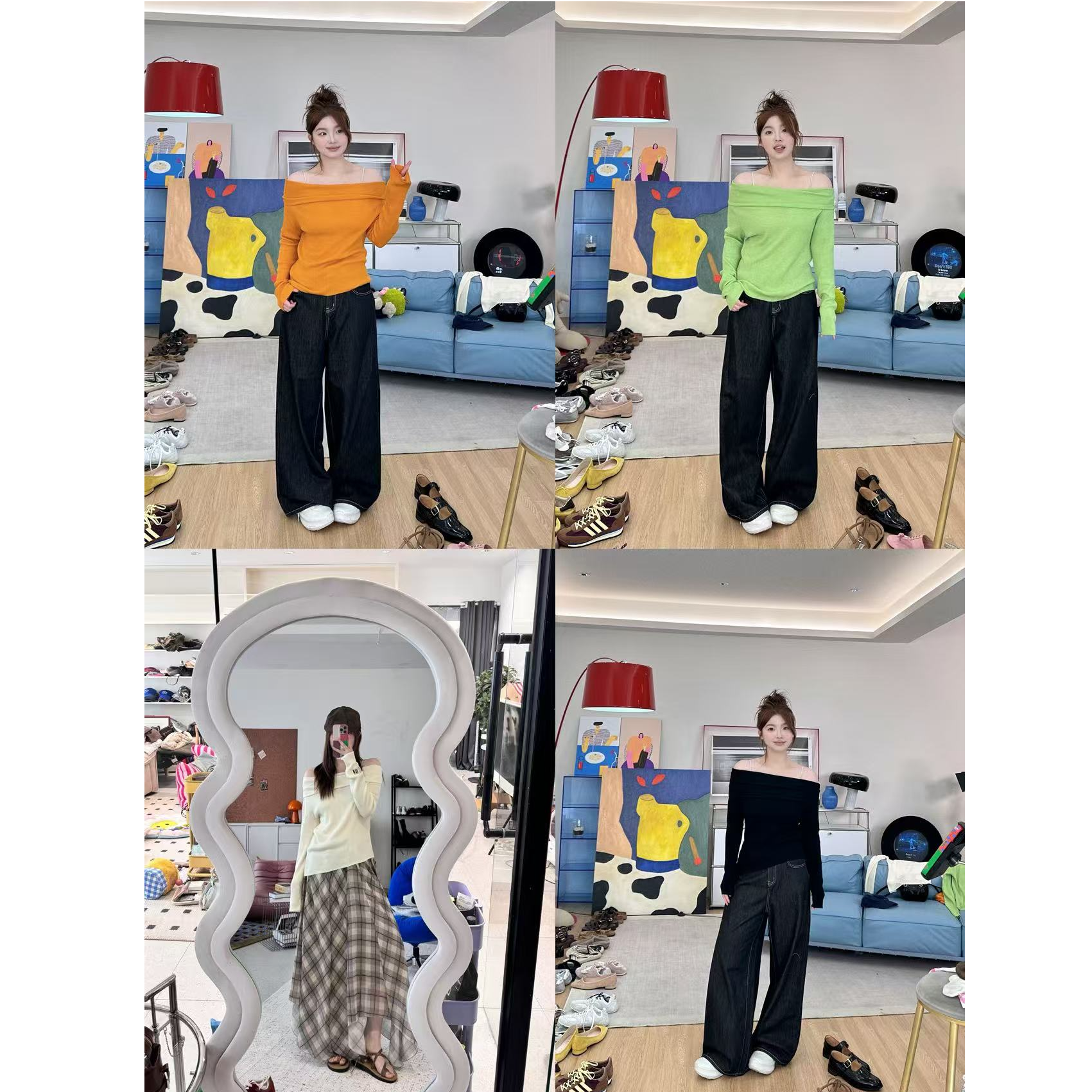 晶咕【心动信号】下摆不规则翻边一字领长袖针织纯色上衣