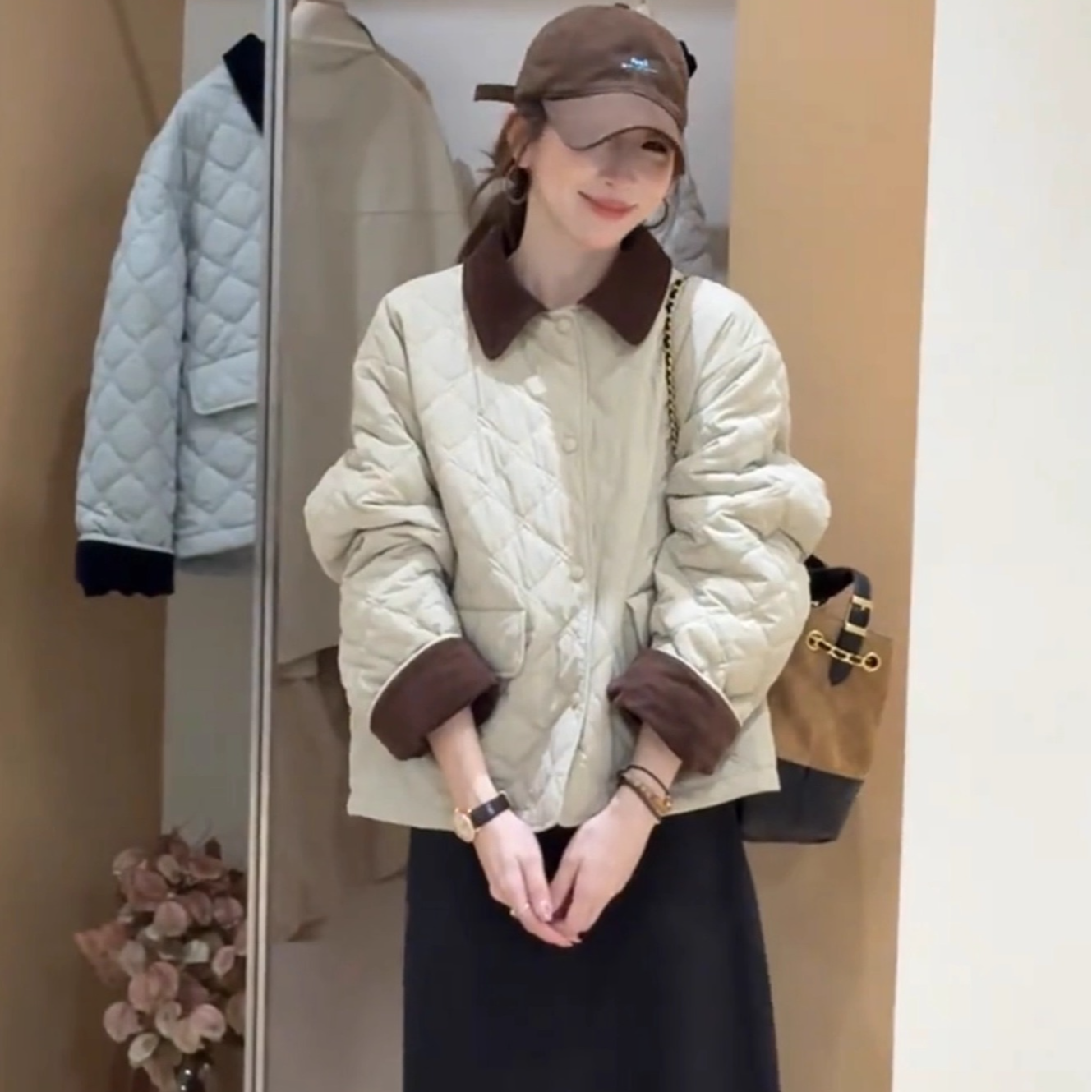 翻领拼接厚款女常规薄款棉衣棉服秋冬套装收腰休闲