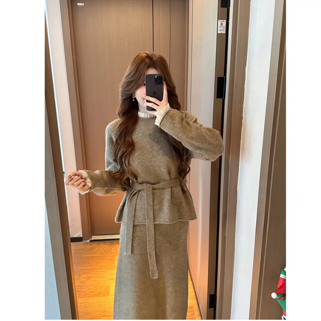 慵懒风休闲风时尚套装气质打底裙子收腰蕾丝腰带针织秋冬两件套