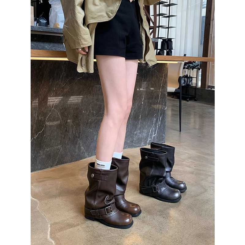 牛皮版~废土风厚底增高宽大筒围堆堆靴西部牛仔短靴女秋冬骑士靴