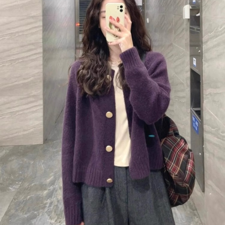 超好看紫色毛衣开衫女2025新款秋冬季慵懒高级感宽松针织外套上衣