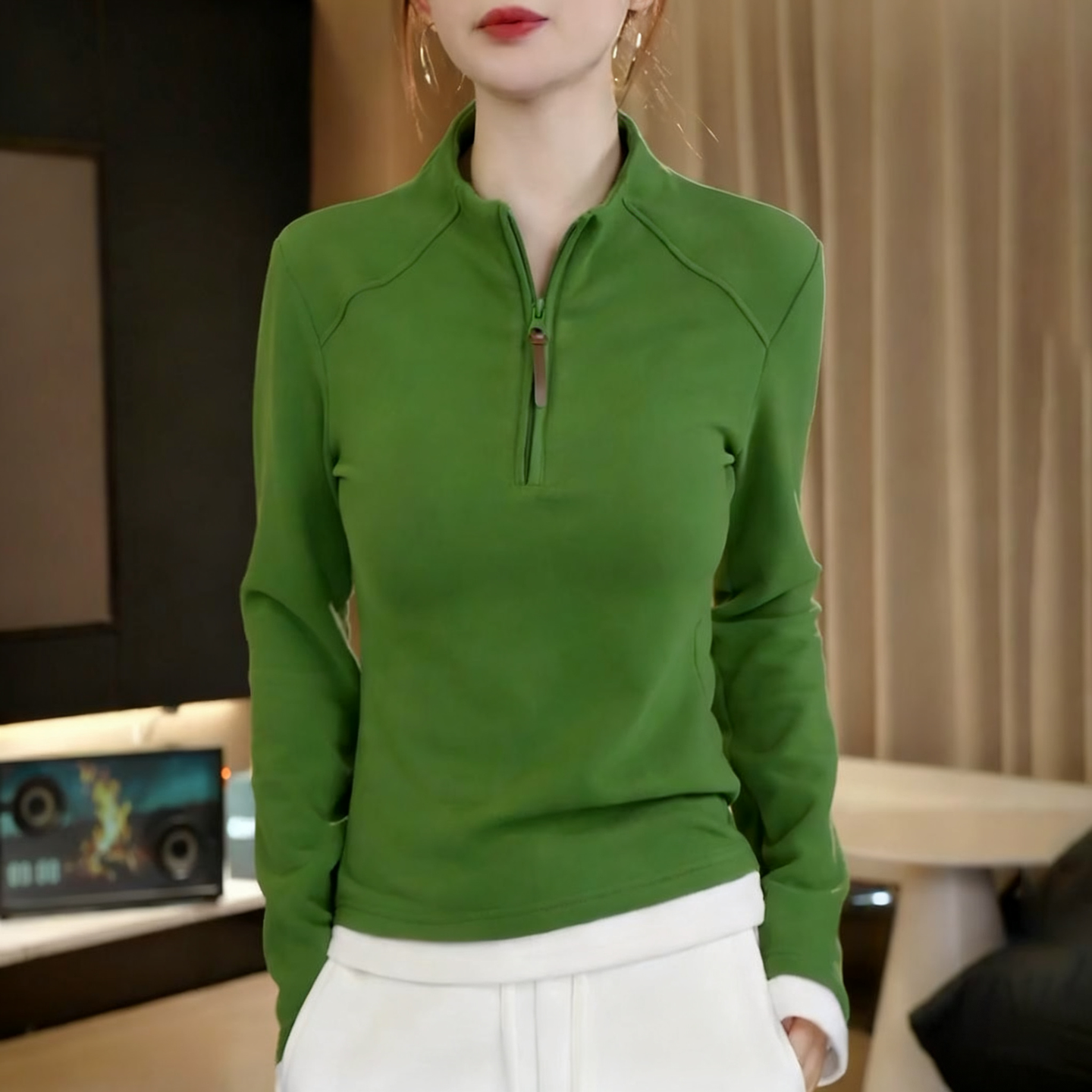简约风半拉链立领长袖T恤女2025秋冬新款设计感修身显瘦纯色上衣