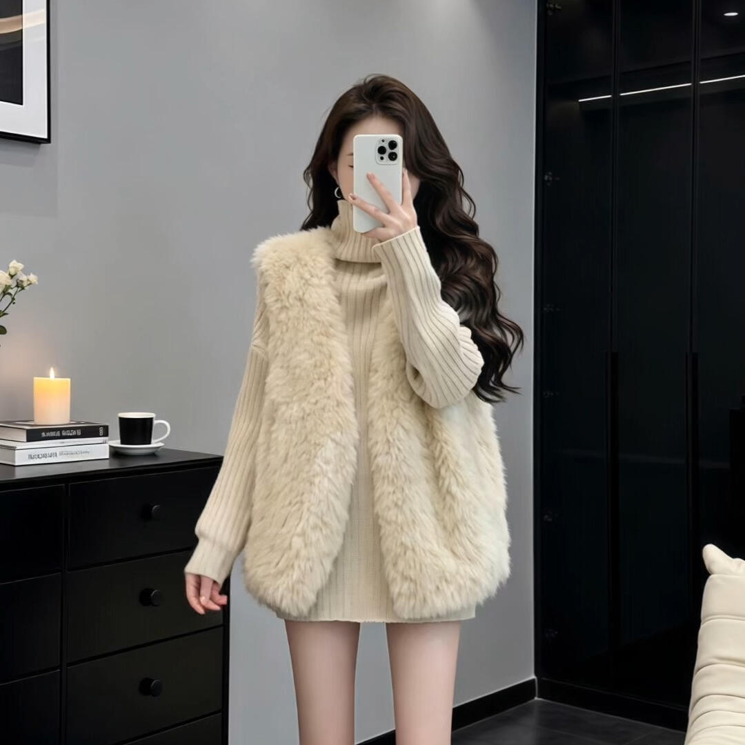 2025秋冬新款韩系复古轻奢慵懒风一整套立领长袖针织衫毛毛马甲女