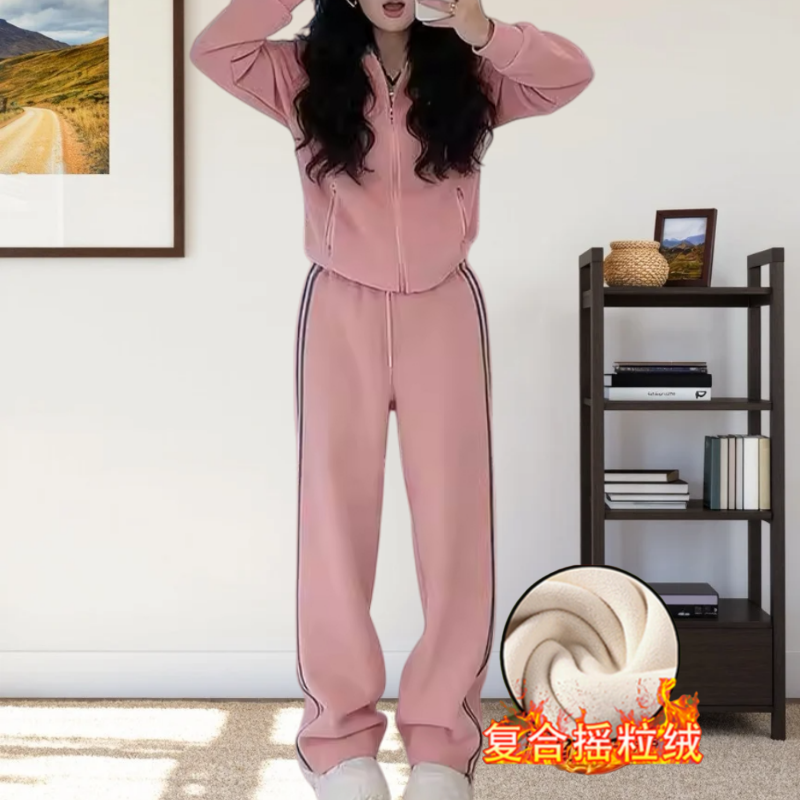 冬季加绒加厚时尚拉链外套阔腿裤保暖显瘦两件套装连帽卫衣套装女