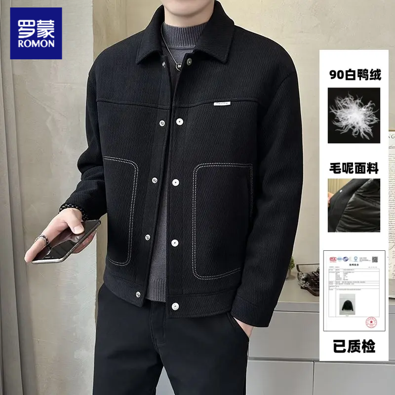 罗蒙冬季毛呢羽绒服男韩版商务休闲加厚保暖呢子羽绒服高品质潮流
