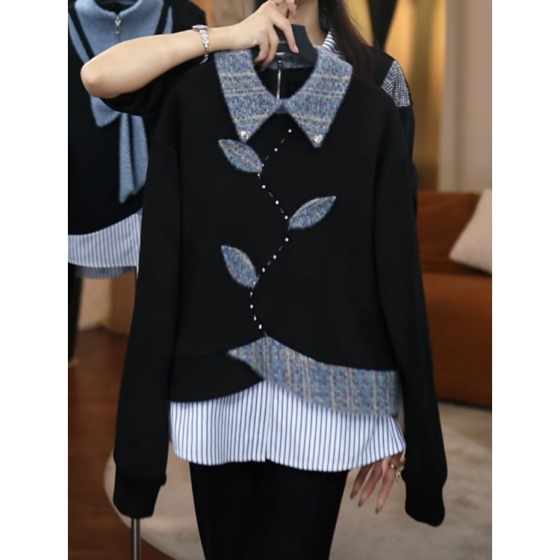 高级感假两件翻领拼接设计长袖卫衣女2025冬新款时尚洋气减龄上衣