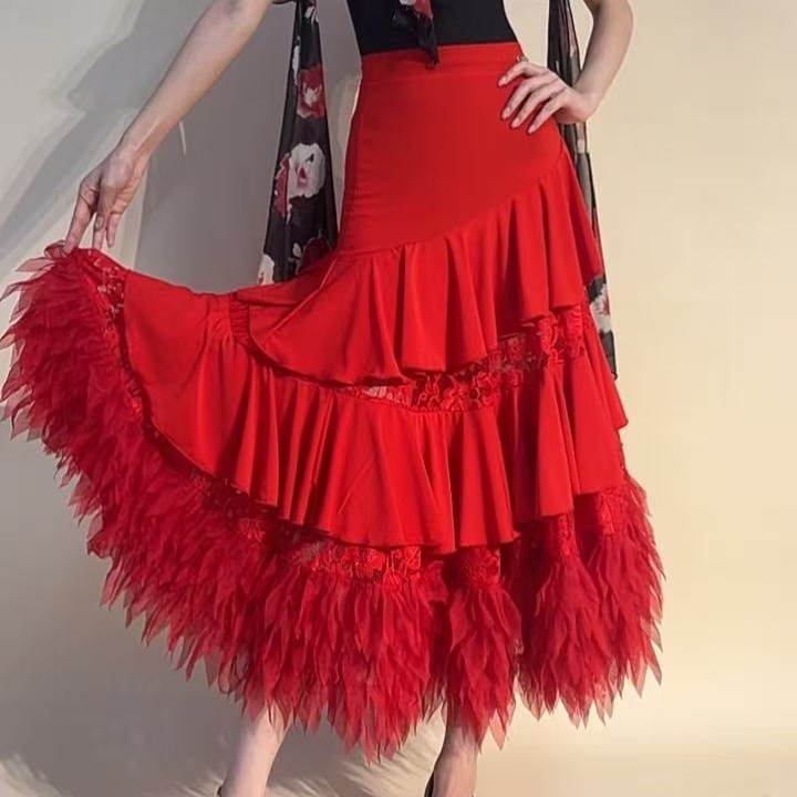 YRSS交谊舞舞服♥正品高奢版蕾丝花瓣裙摩登国标练习半裙