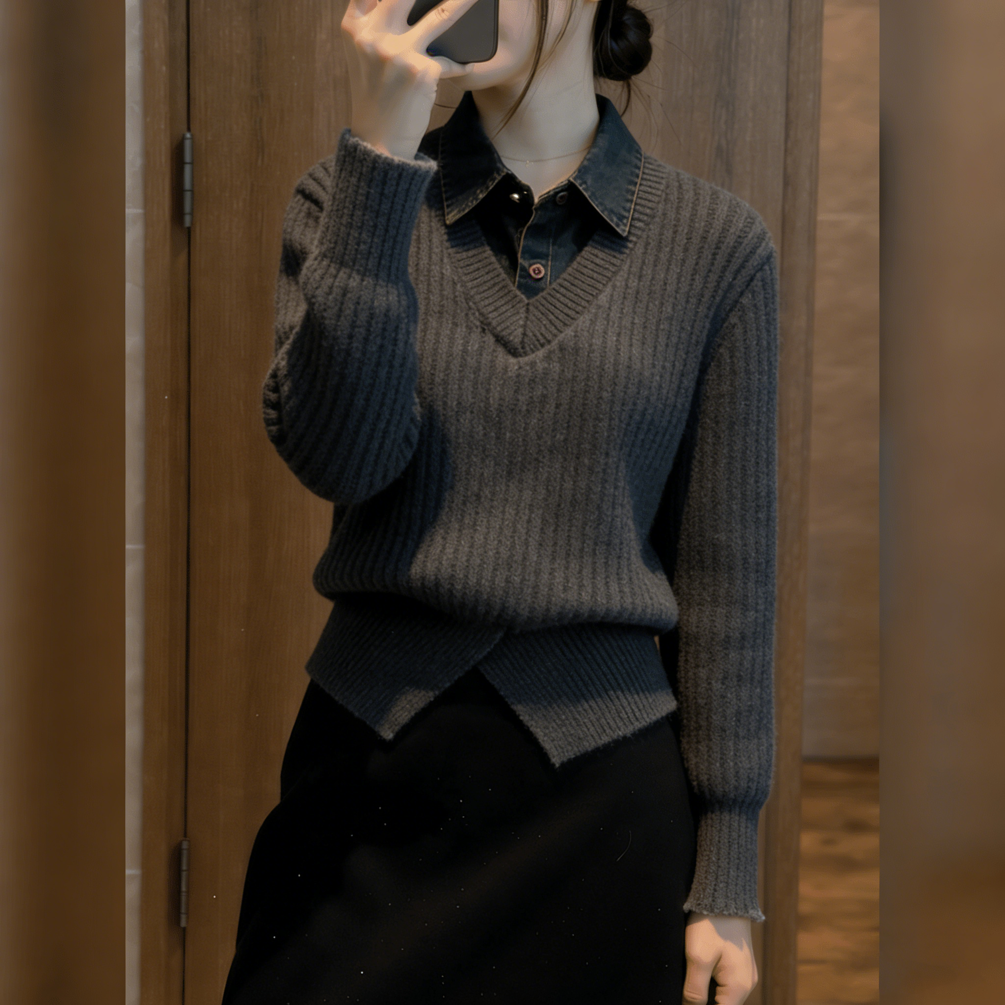 设计感时尚复古牛仔衬衫领拼接V领假两件针织毛衣女2025秋冬新款