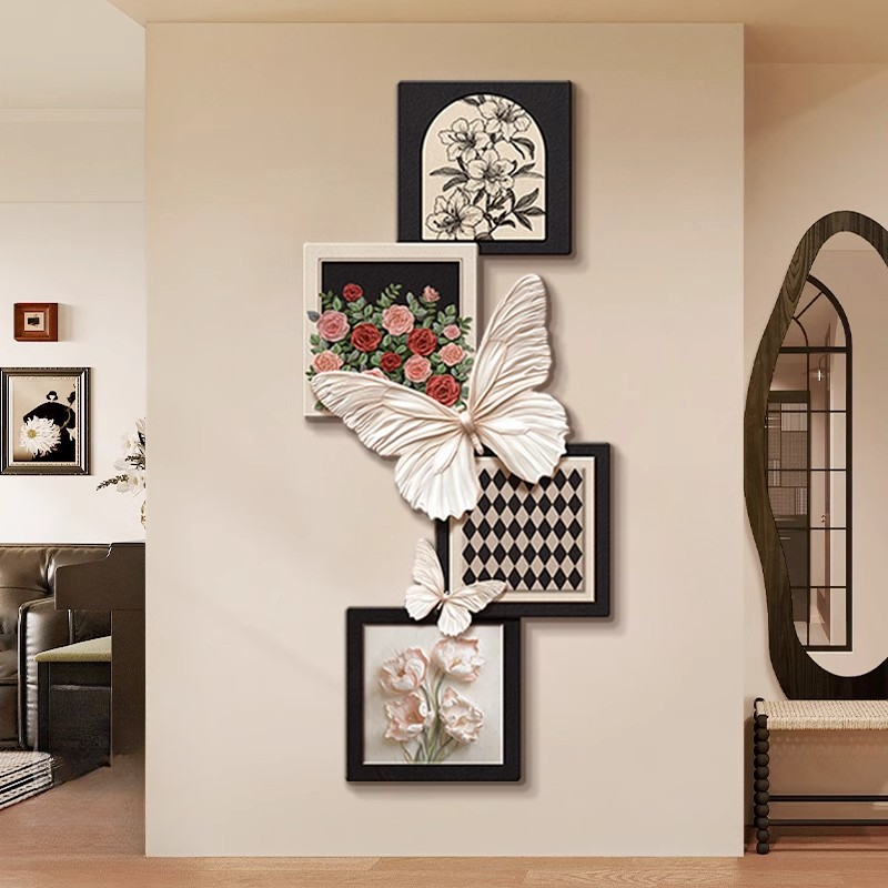 法式中古风装饰画玫瑰蝴蝶壁灯客厅挂画复古走廊2025过道壁画