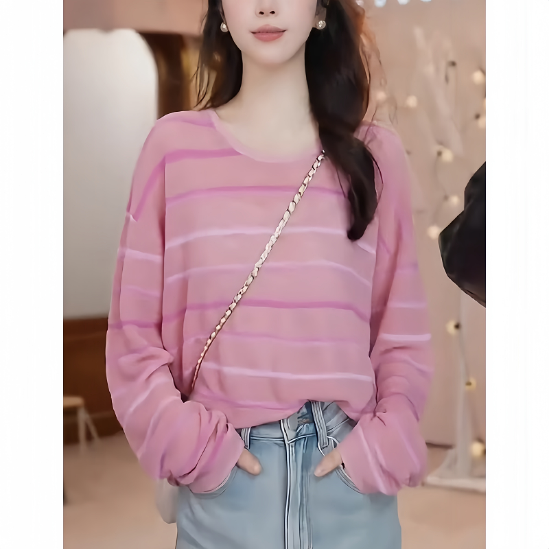 韩系简约撞色条纹长袖针织衫女春夏季新款百搭宽松慵懒感防晒罩衫