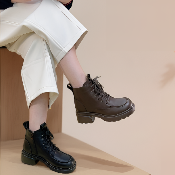 秋冬加绒马丁靴平短筒舒适女鞋软底小皮靴百搭款女鞋英伦风系带