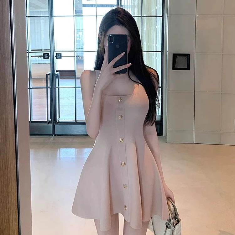 裸粉色纯欲收腰气质a字方领背心短裙连衣裙