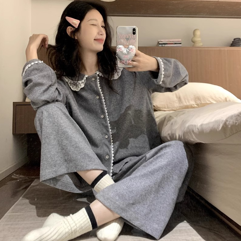 毛巾绒睡衣女款春秋高级感长袖网红蕾丝娃娃领灰色薄绒家居服套装
