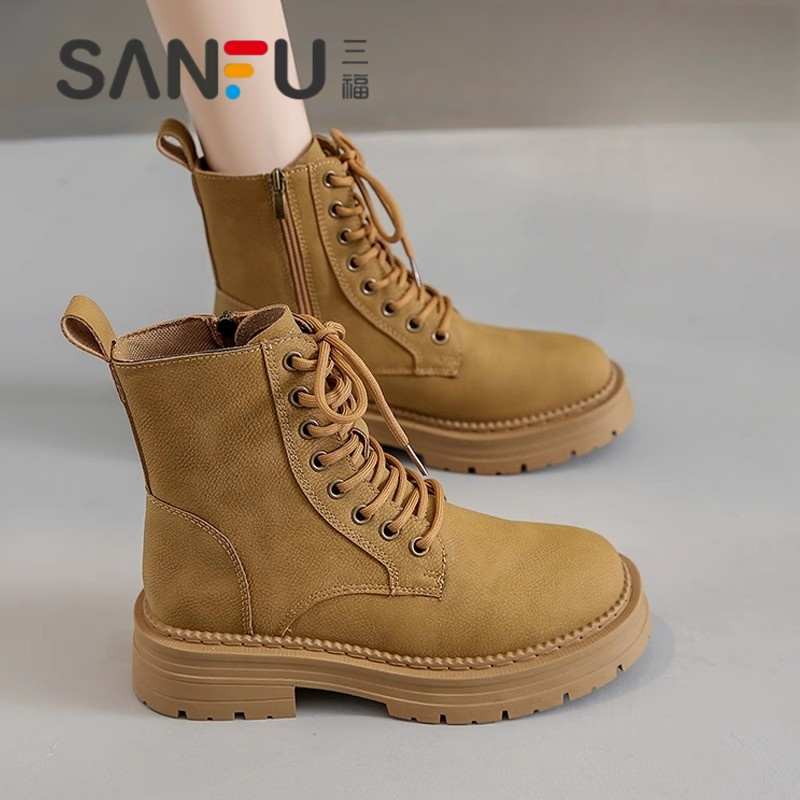 三福马丁靴女秋季单靴小个子短靴厚底显脚小黄色配裙子复古大黄靴