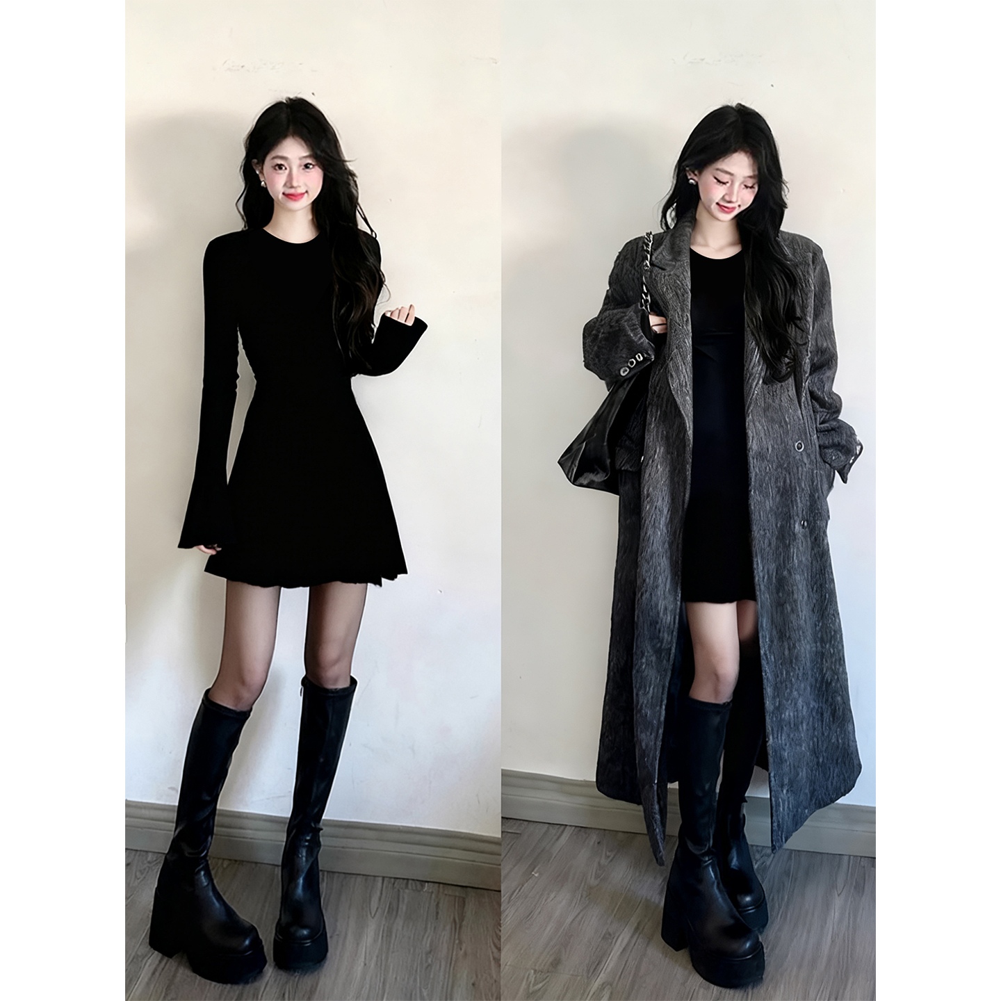 黑色长袖针织连衣裙女风衣内搭打底短裙子巨好看秋冬季韩系穿搭