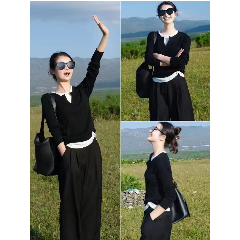 莫代尔正肩韩版黑色百搭假两件V领显瘦打底衫春秋修身长袖上衣女