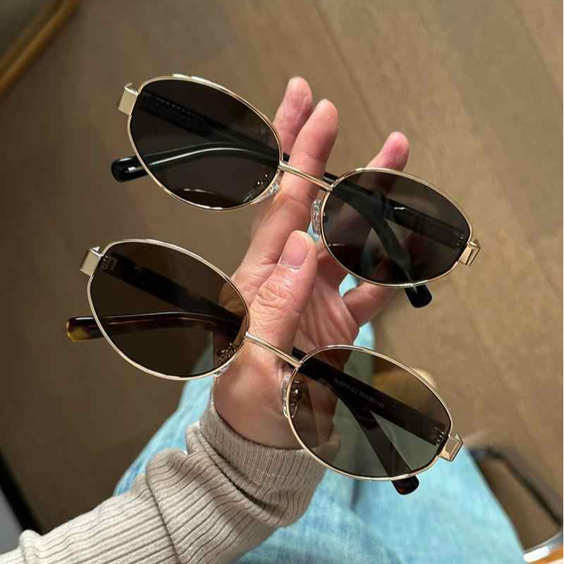 时髦精复古松弛感老钱风墨镜百搭椭圆显脸小高级感金属太阳眼镜