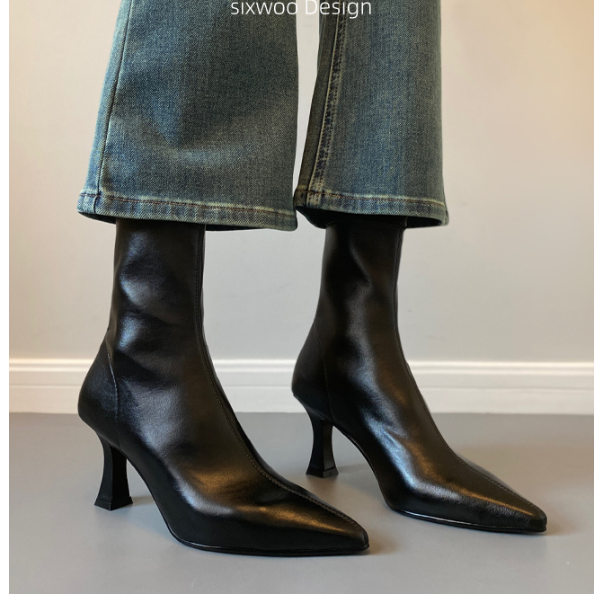 棕色短靴女细跟秋冬新款韩版气质尖头后拉链高跟弹力时尚瘦瘦裸靴