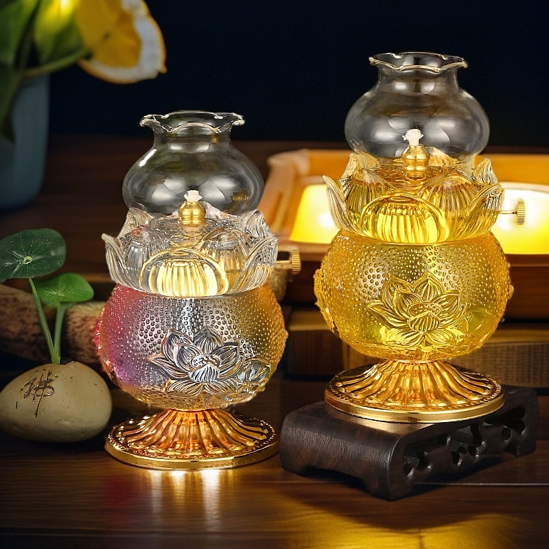 琉璃油灯家用油灯合金底座可调节灯芯金色底座摆件防爆防风灯罩