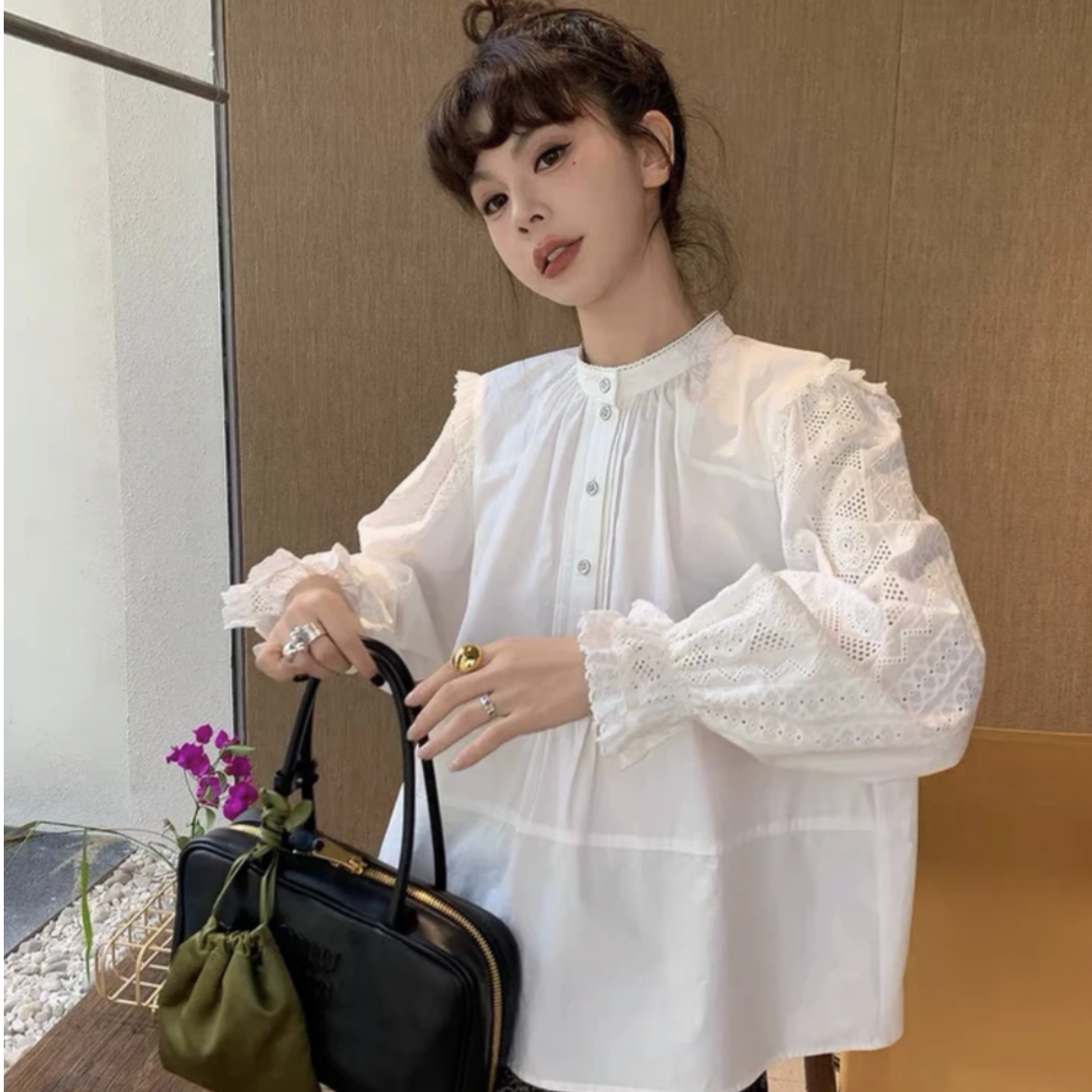 法式重工刺绣蕾丝花边拼接立领白衬衫女2025新款时尚内搭叠穿衬衣