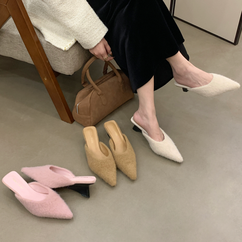 AL-873-4新款高跟时尚百搭毛毛鞋女外穿尖头坡跟女包头半拖鞋秋季