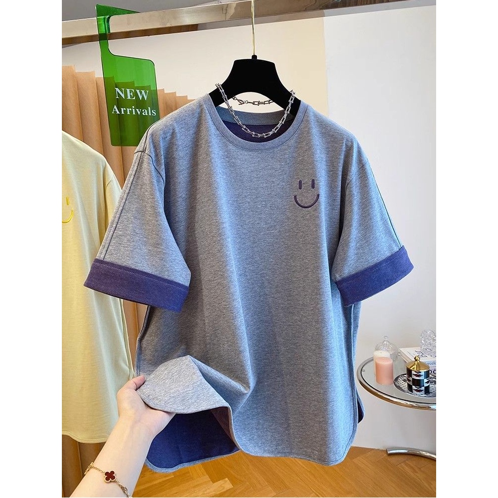 300斤大码笑脸刺绣撞色短袖t恤男女韩系休闲夏季下摆开叉半袖上衣