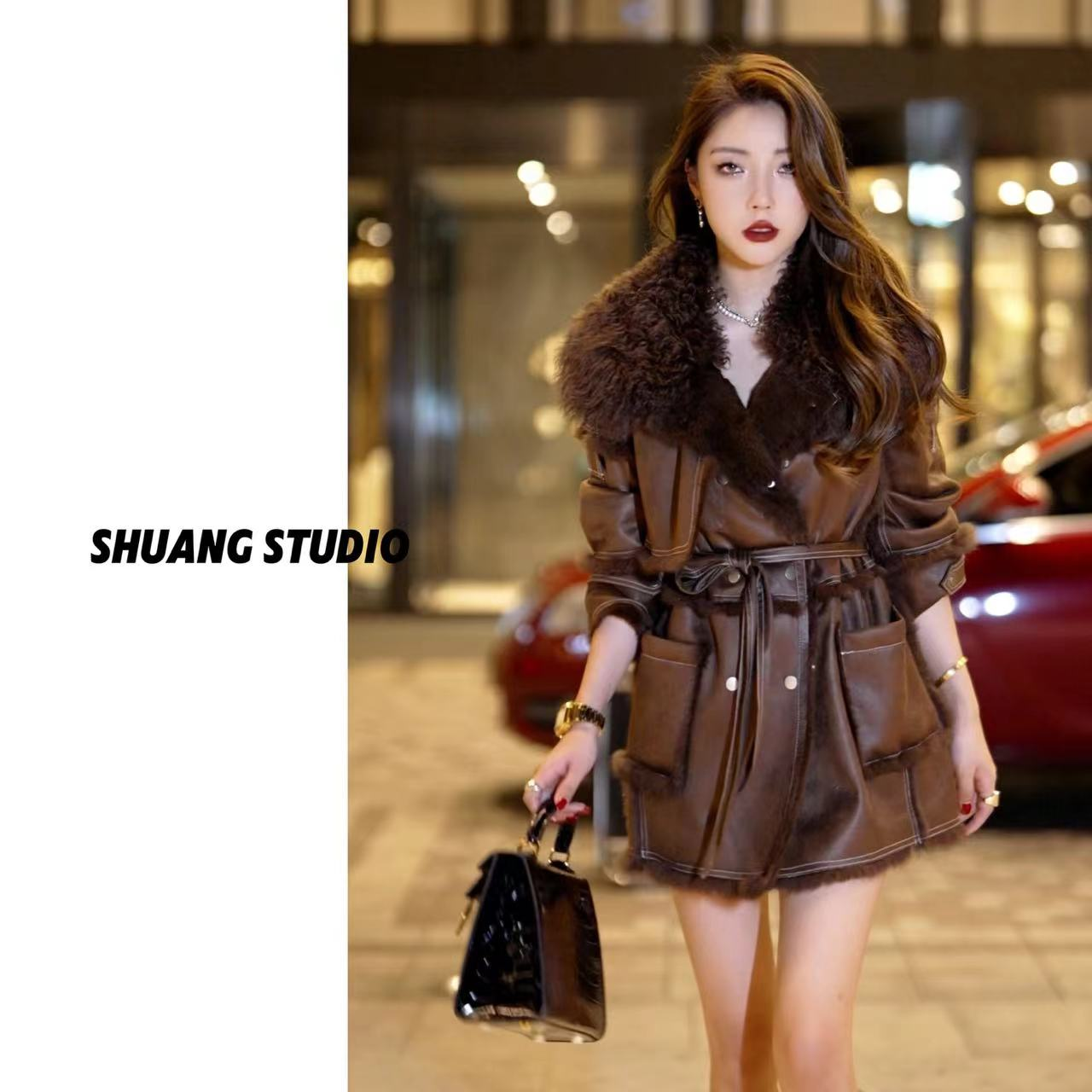 TD服饰冬季新款兔毛皮一体拼羊毛领系带收腰保暖中长款皮草T2310