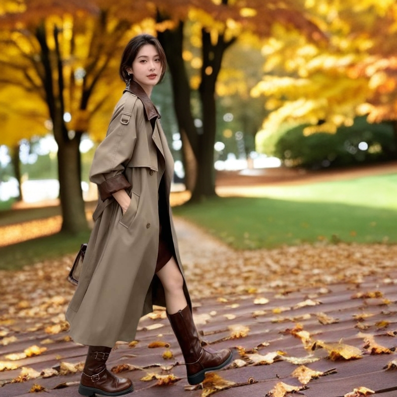 韩版气质长版纯色长袖直筒型斜纹翻领风衣复古小众炸街高级感女装