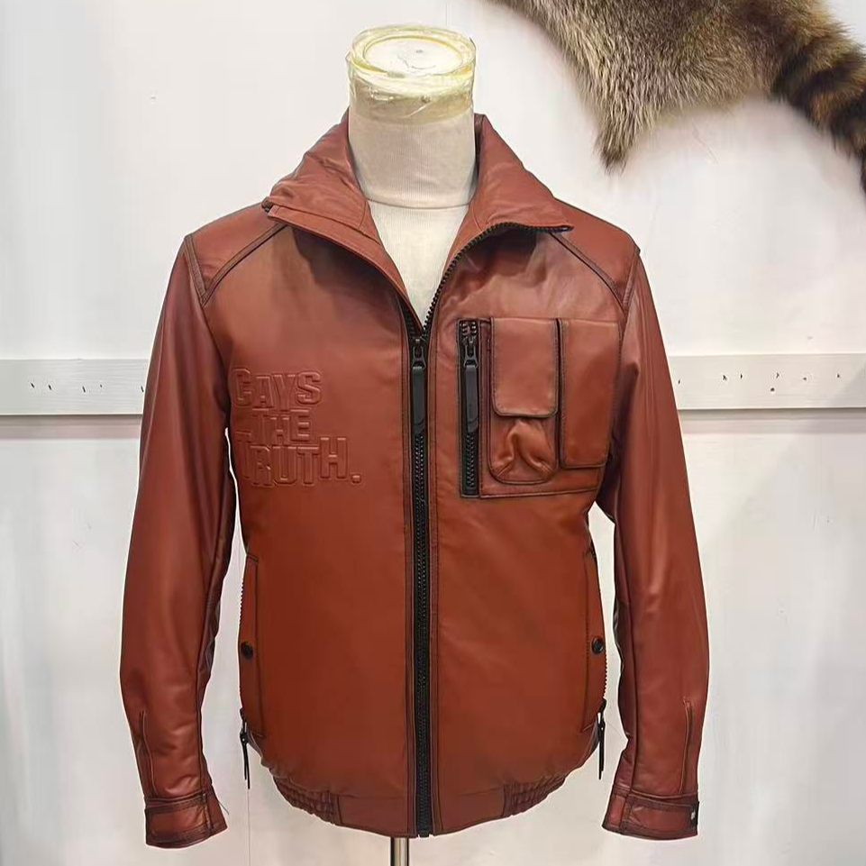 时尚休闲绵羊皮立翻领羽绒内胆真皮皮衣红色短款立领秋冬男款9860