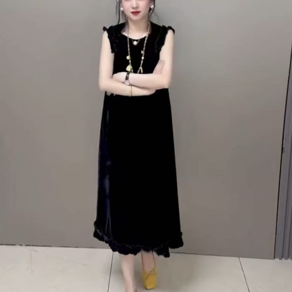 法式高级感气质木耳花边无袖丝绒百搭夏季2025纽扣连衣长裙9195