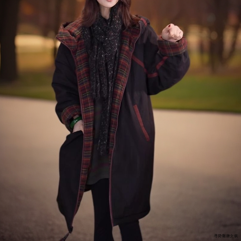 宽松时尚百搭中长款可双面穿连帽或无帽保暖棉服外套适合离子毛呢