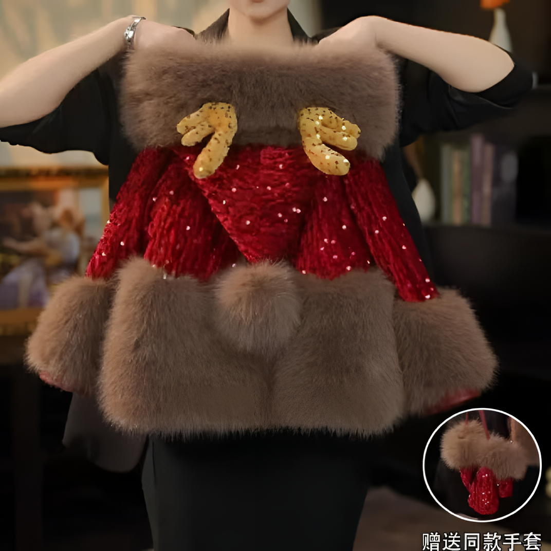 拜年外套送手套女童毛毛外套冬装新款女宝宝加绒加厚洋气新年皮草