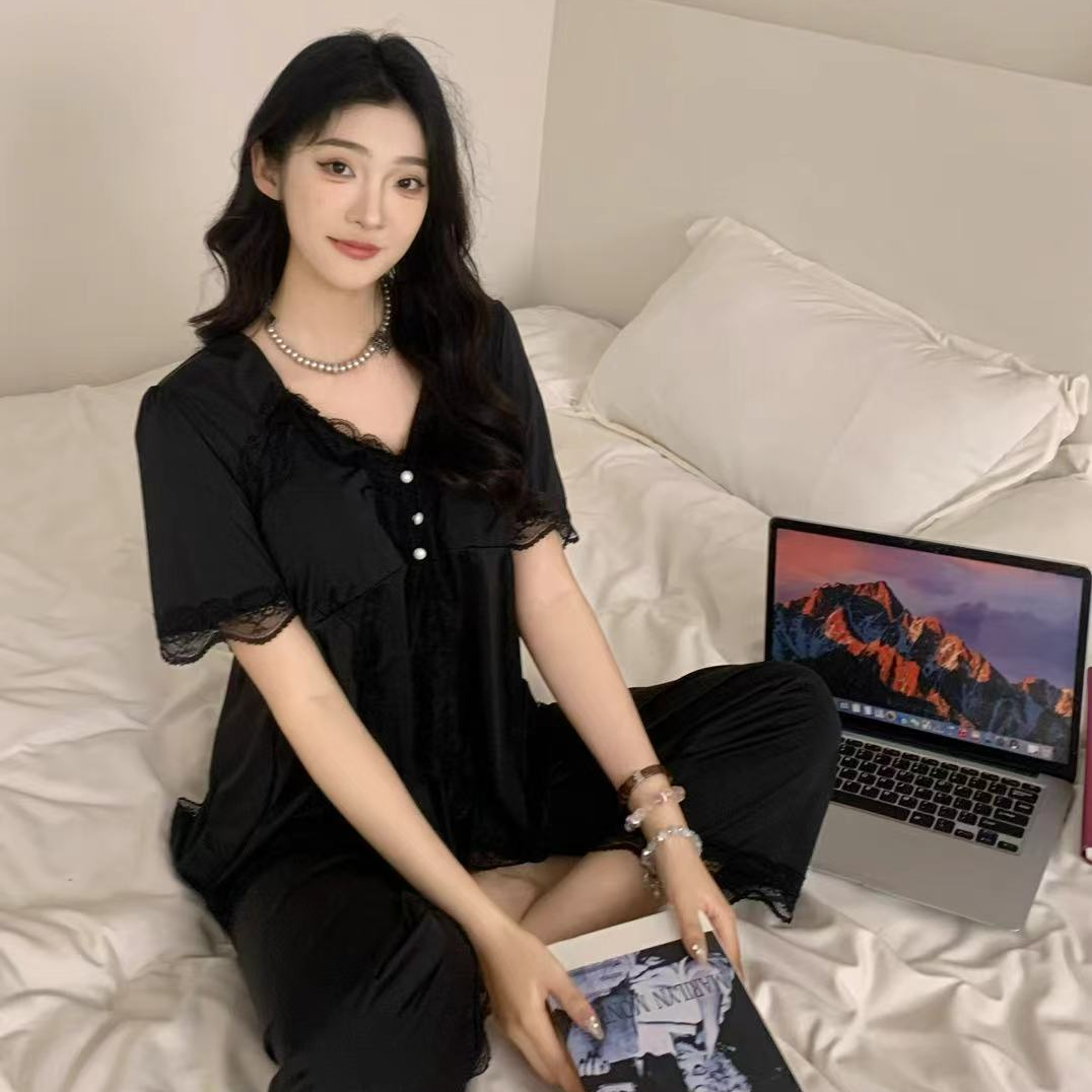 秋季睡衣带胸垫大码法式蕾丝花边宽松女士短袖长裤家居服套装1091