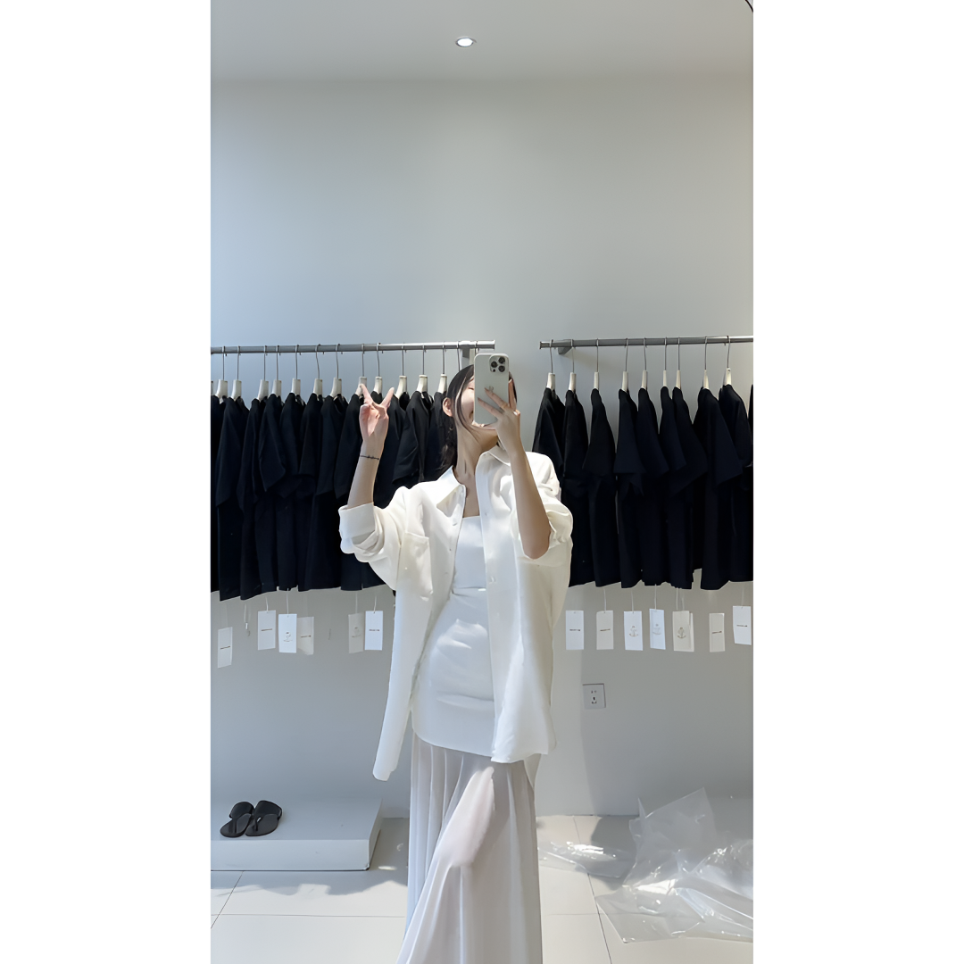 MARIE.COCO2025新款薄款设计感露背抽绳长袖衬衫网纱吊带裙两件套