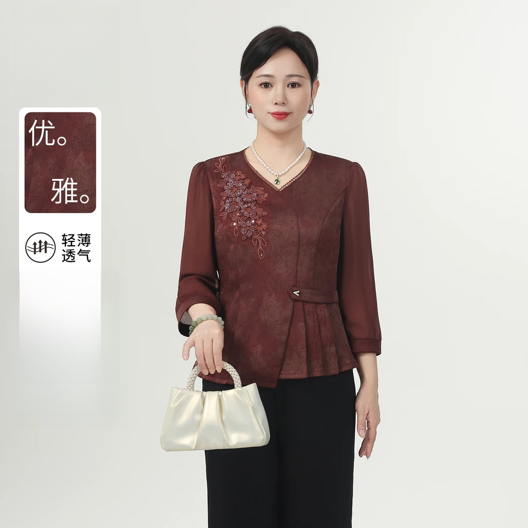 妈妈装2025新款早秋网纱袖刺绣上衣套装中老年女贵气国风小衫