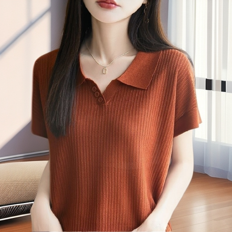 【雅岚女装】时尚洋气显瘦短袖polo领针织衫新款纯色宽松百搭气质女