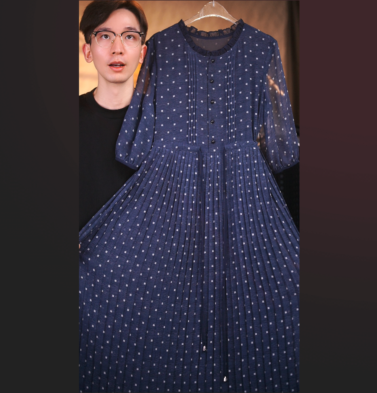 新新C60蓝色波点中袖XW1宽松连衣裙女装连衣裙显瘦长款