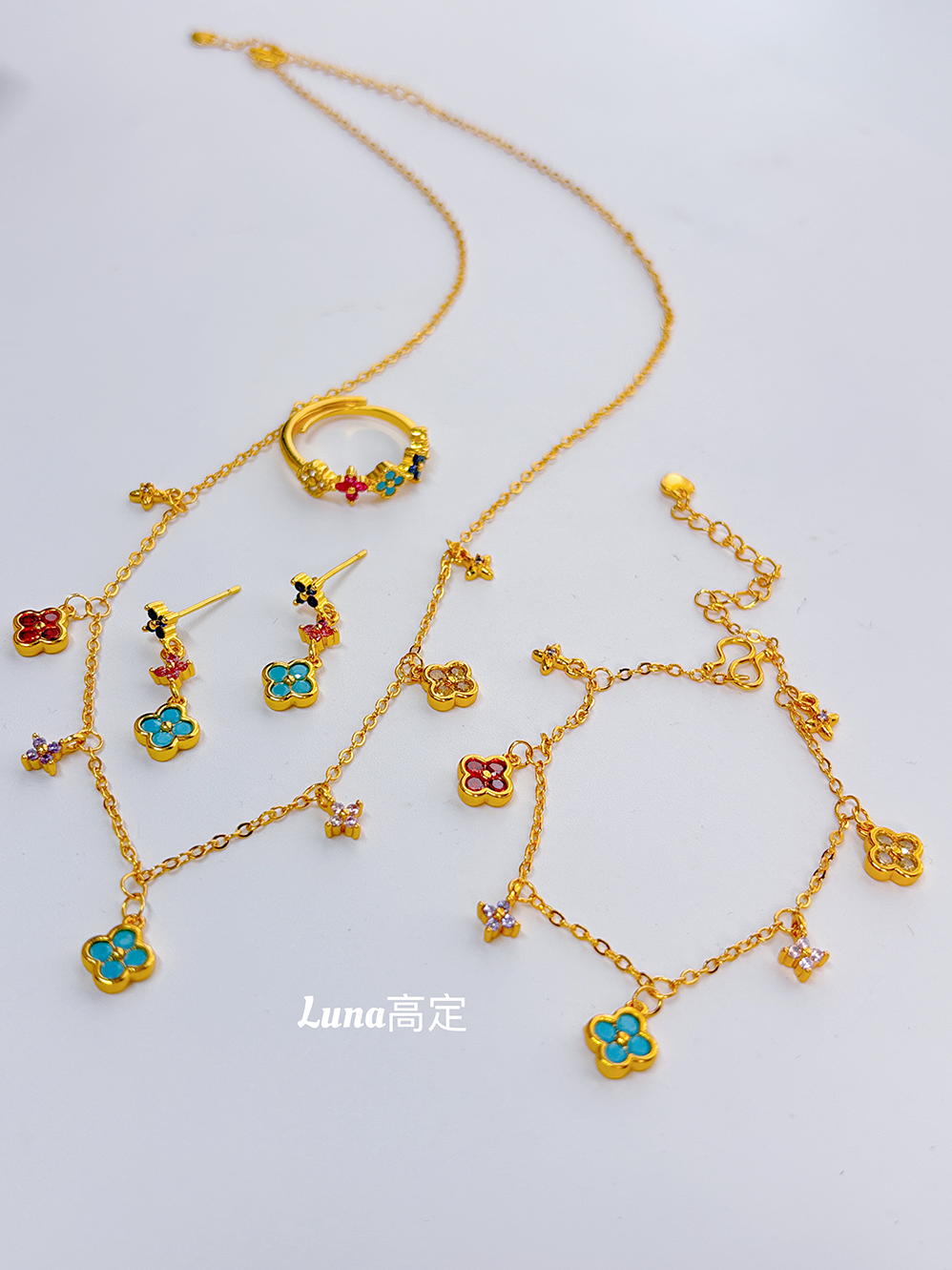 铜合金项链 Luna定制0471明星款幸运四叶草迷你彩色项链耳钉手链