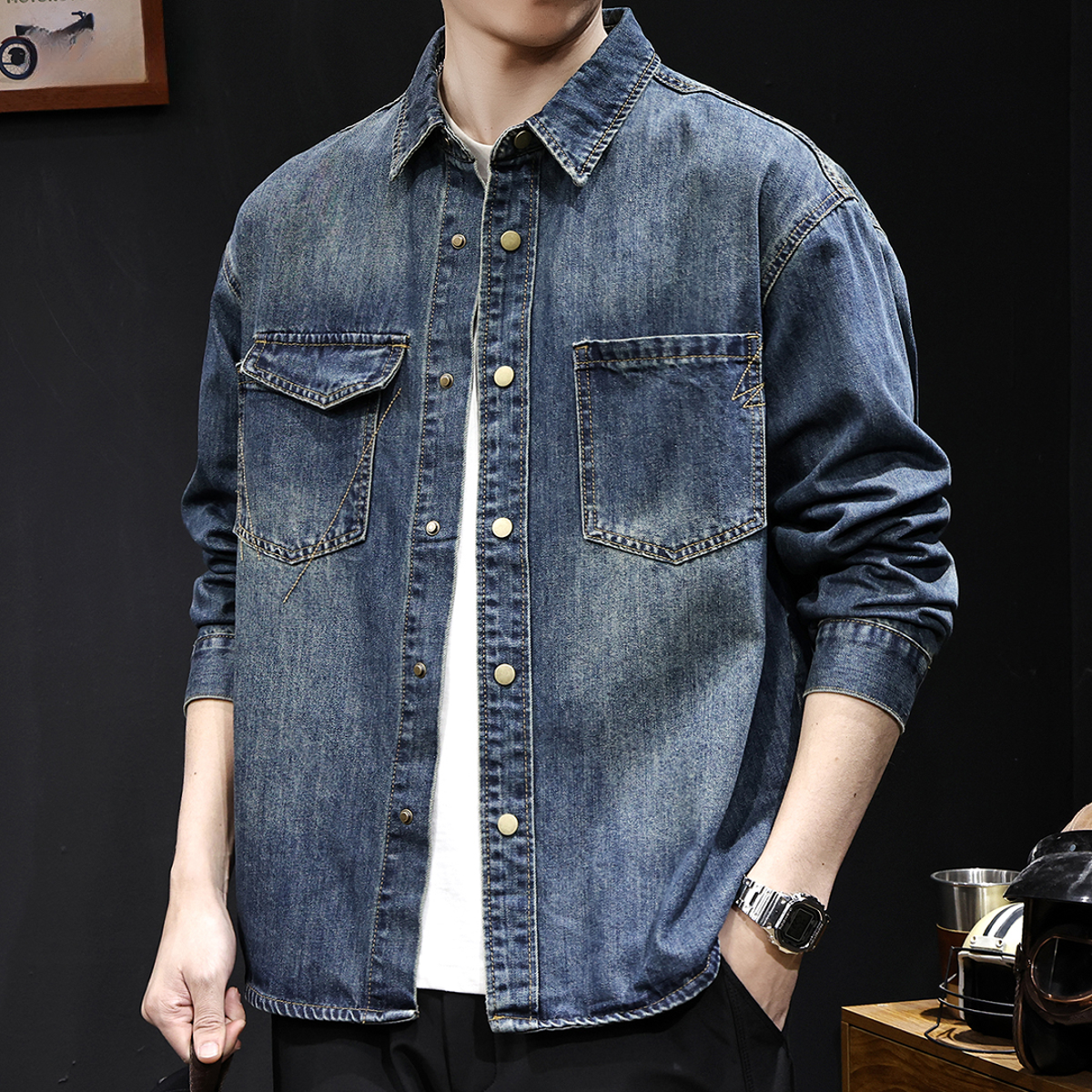 潮牌牛仔衬衫男外套新款秋季男装大码男款美式复古夹克春秋款