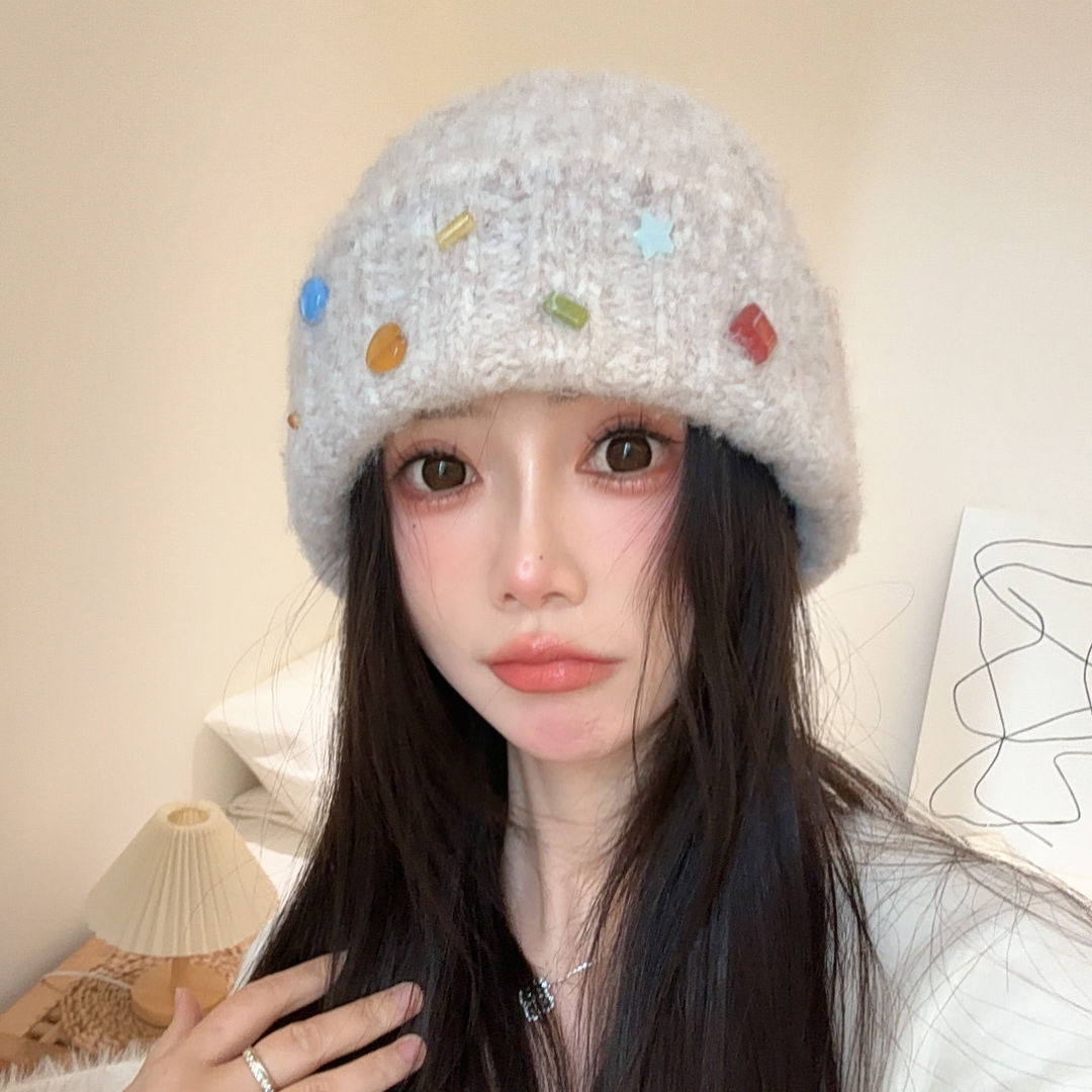 新款毛线帽手工水钻秋冬季弹力保暖针织可爱头帽包头堆堆大头冷帽